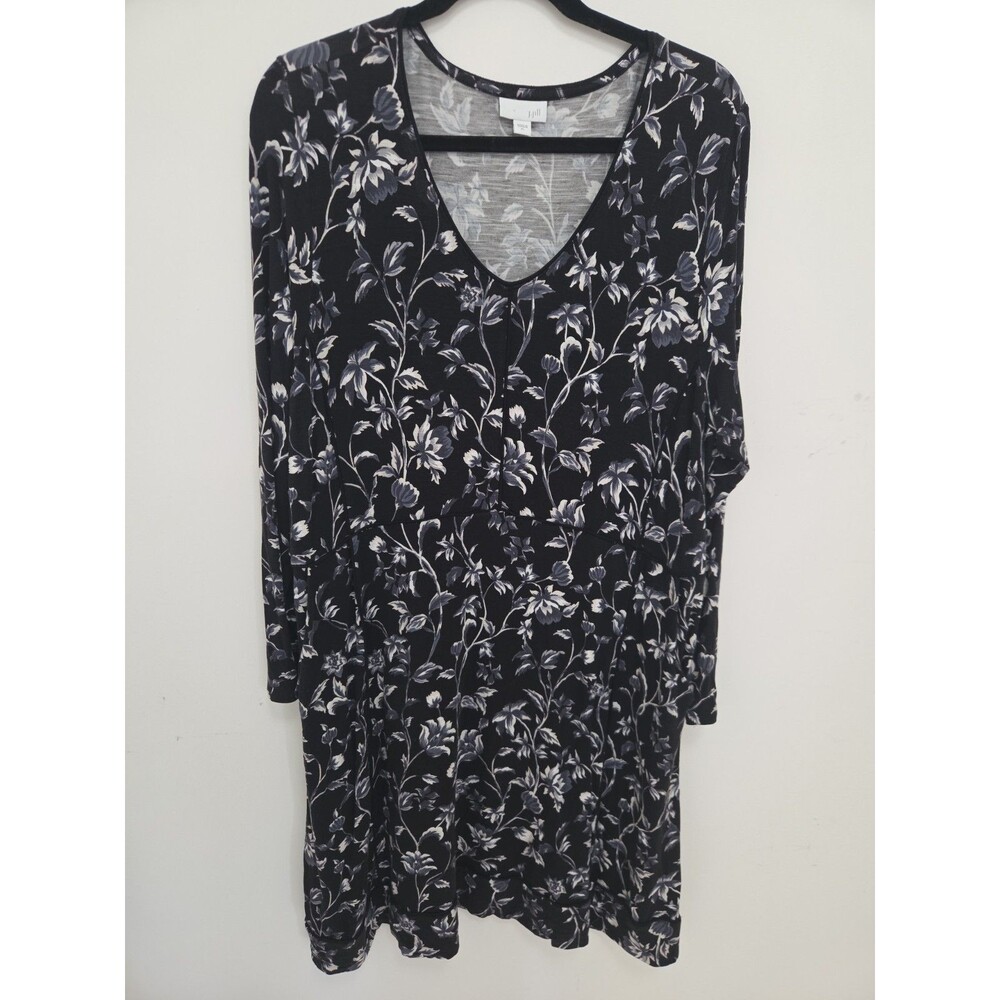 J. Jill Womens XL Extra Large Dark Blue Floral V Neck Long Sleeve Dress Casual